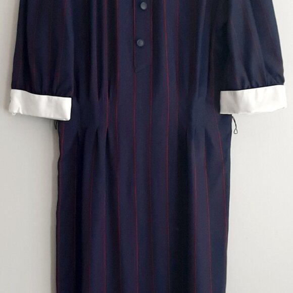 NINA RICCI Retro Maxi Length Long Pin-Stripe Dress White Collar Navy Blue Sz 12 - Picture 3 of 16
